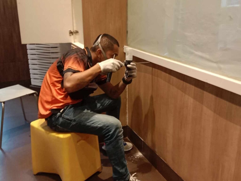 Technician applying pest control treatment with precision inside an Ormoc property, ensuring safety and long‑lasting protection